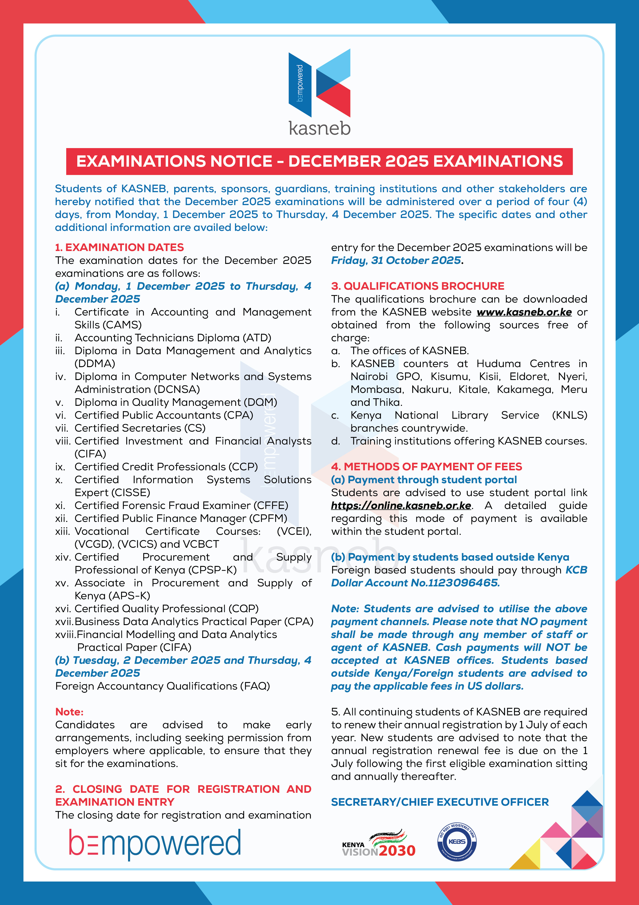 December 2025 Examination General Timetable